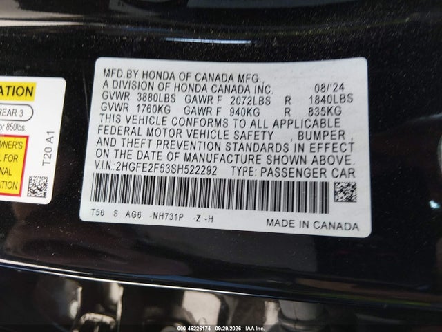 46226174 :رقم المزاد ، 2HGFE2F53SH522292 vin ، 2025 Honda Civic Sport مزاد بيع