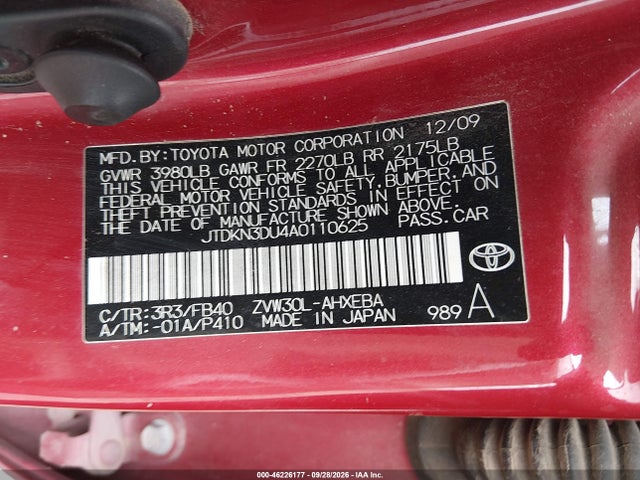 46226177 :رقم المزاد ، JTDKN3DU4A0110625 vin ، 2010 Toyota Prius Ii مزاد بيع