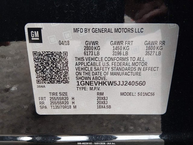 46226183 :رقم المزاد ، 1GNEVHKW5JJ240560 vin ، 2018 Chevrolet Traverse 3lt مزاد بيع