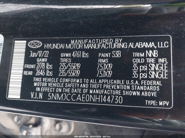46226194 :رقم المزاد ، 5NMJCCAE0NH144730 vin ، 2022 Hyundai Tucson Sel مزاد بيع
