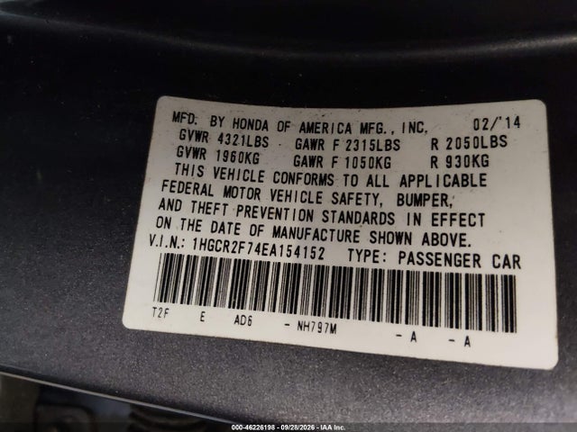 Продаж на аукціоні авто 2014 Honda Accord Ex, vin: 1HGCR2F74EA154152, номер лоту: 46226198