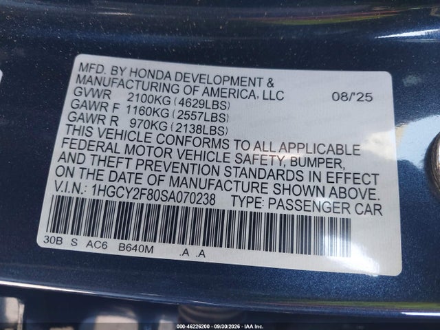 1HGCY2F80SA070238 Honda Accord Hybrid Touring
