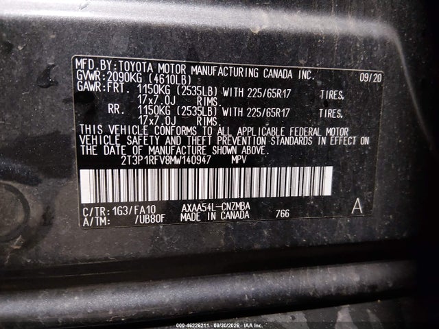 Продаж на аукціоні авто 2021 Toyota Rav4 Xle, vin: 2T3P1RFV8MW140947, номер лоту: 46226211