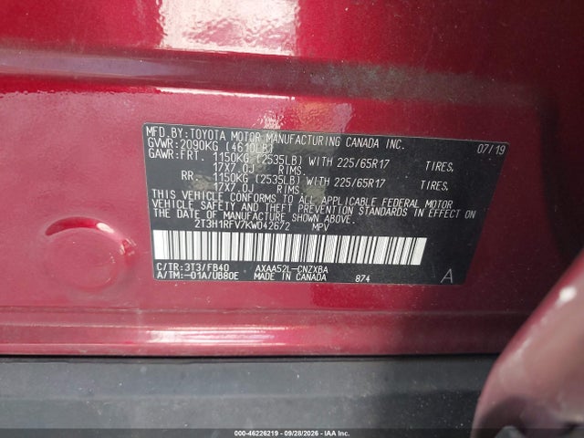 Продаж на аукціоні авто 2019 Toyota Rav4 Le, vin: 2T3H1RFV7KW042672, номер лоту: 46226219
