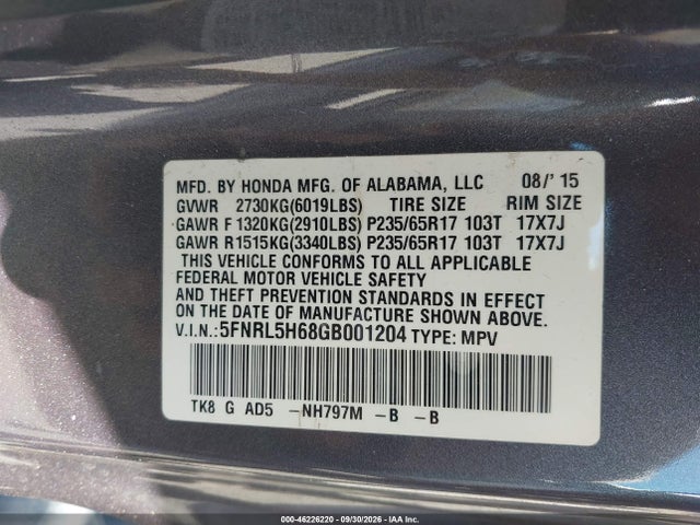 Продаж на аукціоні авто 2016 Honda Odyssey Ex-l, vin: 5FNRL5H68GB001204, номер лоту: 46226220
