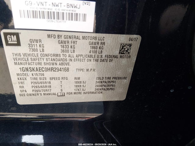 46226224 :رقم المزاد ، 1GNSKAEC0HR294168 vin ، 2017 Chevrolet Tahoe Ls مزاد بيع