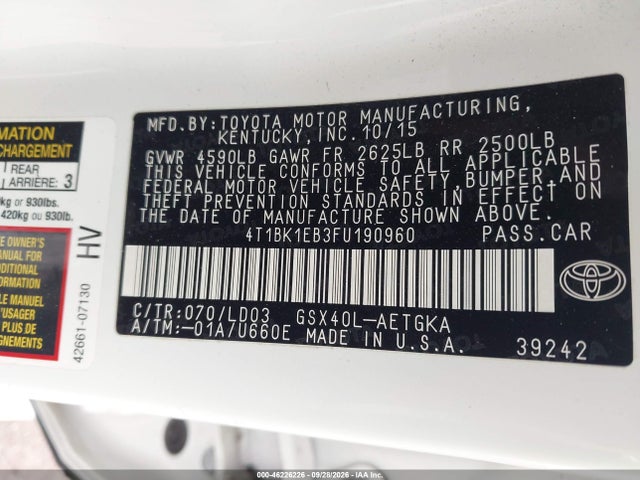 Auction sale of the 2015 Toyota Avalon Xle, vin: 4T1BK1EB3FU190960, lot number: 46226226