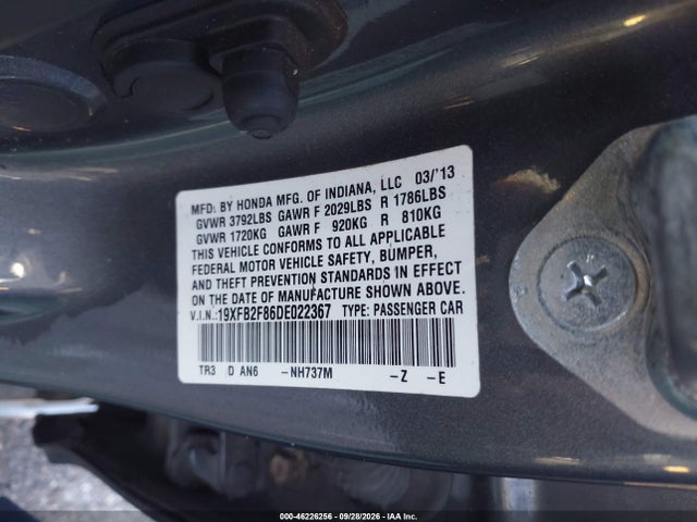 2013 Honda Civic Ex მანქანა იყიდება აუქციონზე, vin: 19XFB2F86DE022367, აუქციონის ნომერი: 46226256