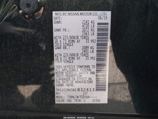 2019 Nissan Rogue Sv მანქანა იყიდება აუქციონზე, vin: 5N1AT2MV5KC832413, აუქციონის ნომერი: 46226264