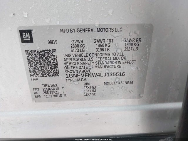 Продаж на аукціоні авто 2020 Chevrolet Traverse Awd Ls, vin: 1GNEVFKW4LJ135516, номер лоту: 46226268