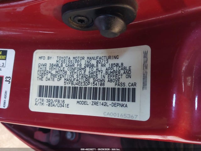 Aukcja sprzedaży 2013 Toyota Corolla Le, vin: 5YFBU4EE3DP154108, numer aukcji: 46226271