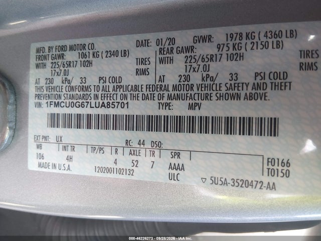 46226273 :رقم المزاد ، 1FMCU0G67LUA85701 vin ، 2020 Ford Escape Se مزاد بيع