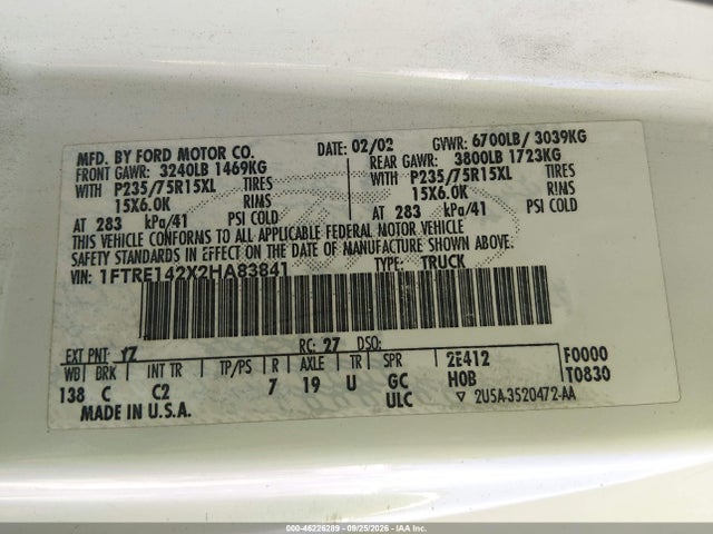 Продажа на аукционе авто 2002 Ford E-150 Commercial/recreational, vin: 1FTRE142X2HA83841, номер лота: 46226289