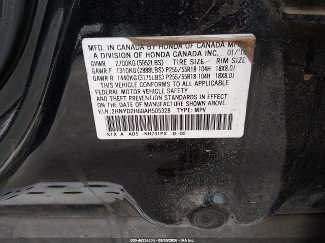 46226304 :رقم المزاد ، 2HNYD2H60AH505328 vin ، 2010 Acura Mdx Technology Package مزاد بيع