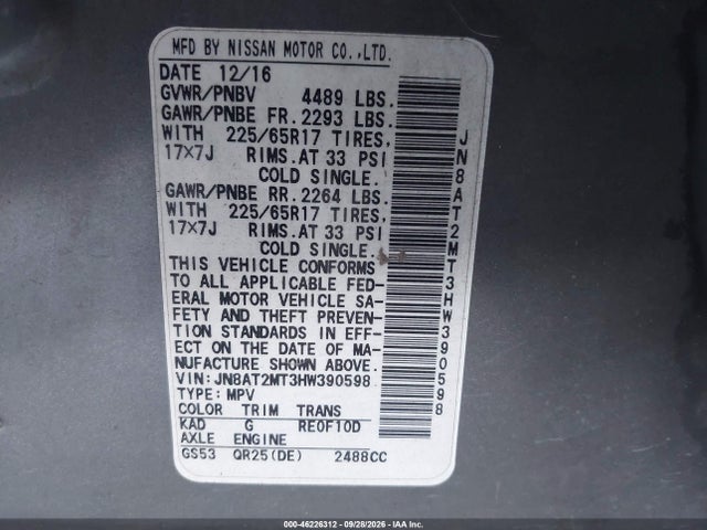 2017 Nissan Rogue S მანქანა იყიდება აუქციონზე, vin: JN8AT2MT3HW390598, აუქციონის ნომერი: 46226312