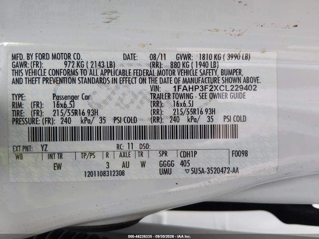 Aukcja sprzedaży 2012 Ford Focus Se, vin: 1FAHP3F2XCL229402, numer aukcji: 46226335