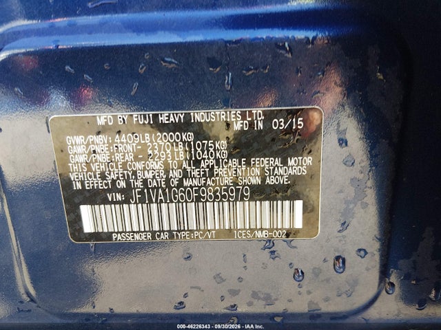 2015 Subaru Wrx Limited მანქანა იყიდება აუქციონზე, vin: JF1VA1G60F9835979, აუქციონის ნომერი: 46226343