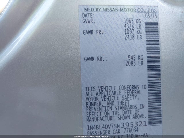 46226358 :رقم المزاد ، 1N4BL4DV7SN395321 vin ، 2025 Nissan Altima Sv Fwd مزاد بيع