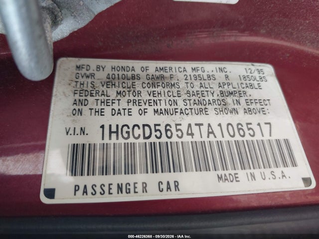 46226368 :رقم المزاد ، 1HGCD5654TA106517 vin ، 1996 Honda Accord Ex/ex-r مزاد بيع