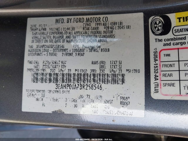 Продажа на аукционе авто 2011 Ford Fusion Sel, vin: 3FAHP0JA7BR258546, номер лота: 46226400