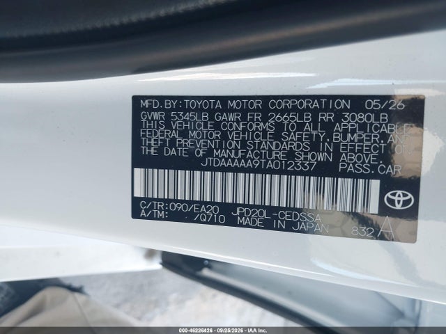 2026 Toyota Mirai Xle მანქანა იყიდება აუქციონზე, vin: JTDAAAAA9TA012337, აუქციონის ნომერი: 46226426