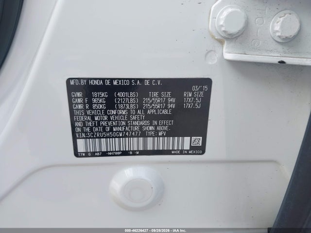 46226427 :رقم المزاد ، 3CZRU5H50GM747477 vin ، 2016 Honda Hr-v Ex مزاد بيع
