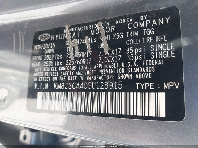 46226448 :رقم المزاد ، KM8J3CA40GU128915 vin ، 2016 Hyundai Tucson Se مزاد بيع