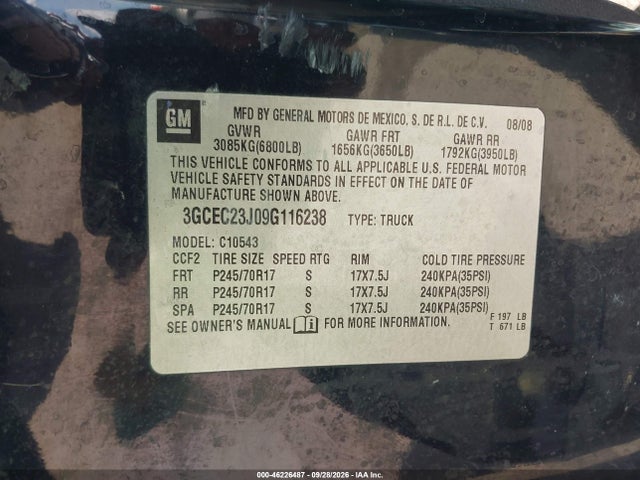 Продаж на аукціоні авто 2009 Chevrolet Silverado 1500 Lt, vin: 3GCEC23J09G116238, номер лоту: 46226487