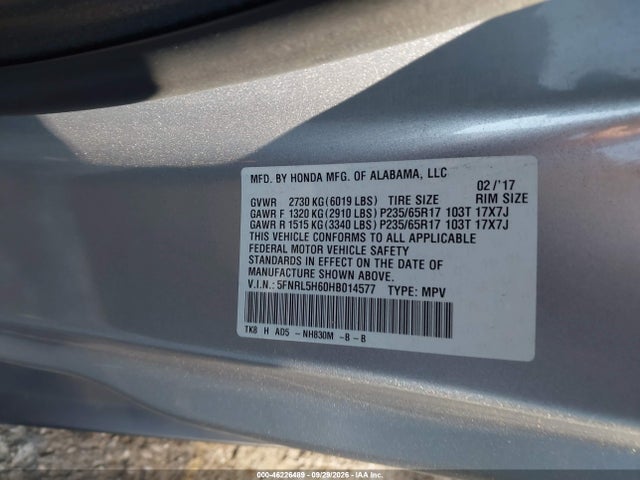 Aukcja sprzedaży 2017 Honda Odyssey Ex-l, vin: 5FNRL5H60HB014577, numer aukcji: 46226489