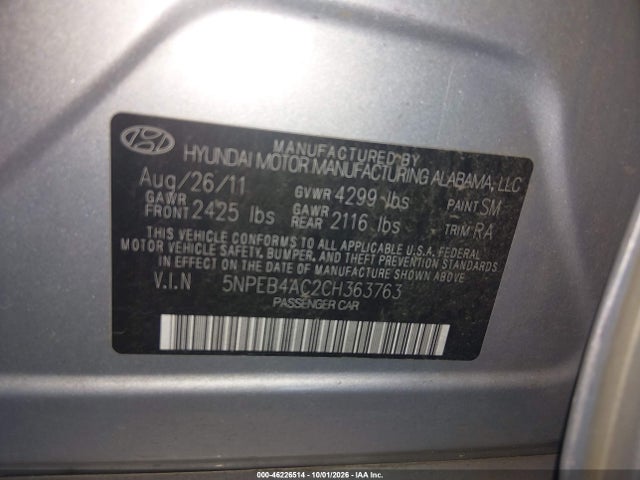 Aukcja sprzedaży 2012 Hyundai Sonata Gls, vin: 5NPEB4AC2CH363763, numer aukcji: 46226514