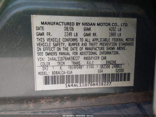 Aukcja sprzedaży 2006 Nissan Altima 2.5 S, vin: 1N4AL11D76N438227, numer aukcji: 46226513