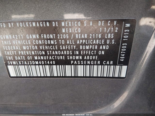 Auction sale of the 2013 Volkswagen Jetta 2.5l Sel, vin: 3VWLX7AJ3DM401440, lot number: 46226526