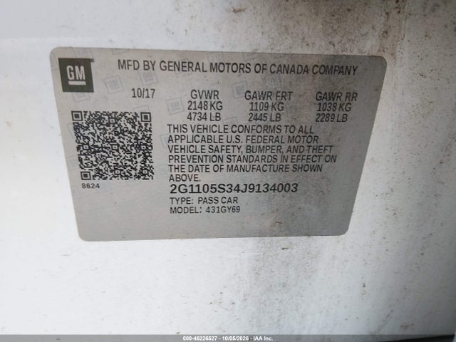 46226527 :رقم المزاد ، 2G1105S34J9134003 vin ، 2018 Chevrolet Impala 1lt مزاد بيع