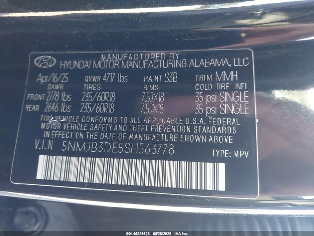 46226528 :رقم المزاد ، 5NMJB3DE5SH563778 vin ، 2025 Hyundai Tucson Sel مزاد بيع