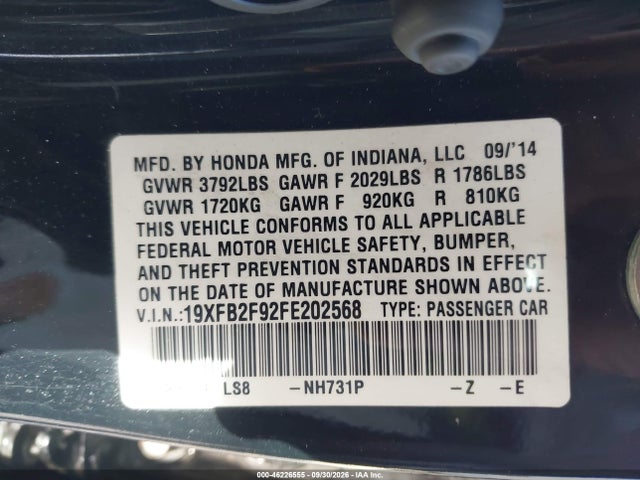 46226555 :رقم المزاد ، 19XFB2F92FE202568 vin ، 2015 Honda Civic Ex-l مزاد بيع