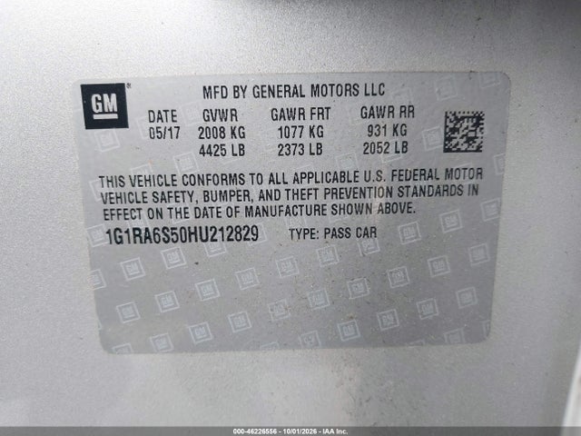 46226556 :رقم المزاد ، 1G1RA6S50HU212829 vin ، 2017 Chevrolet Volt Lt مزاد بيع