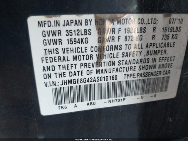 46226563 :رقم المزاد ، JHMGE8G42AS015160 vin ، 2010 Honda Fit Sport مزاد بيع