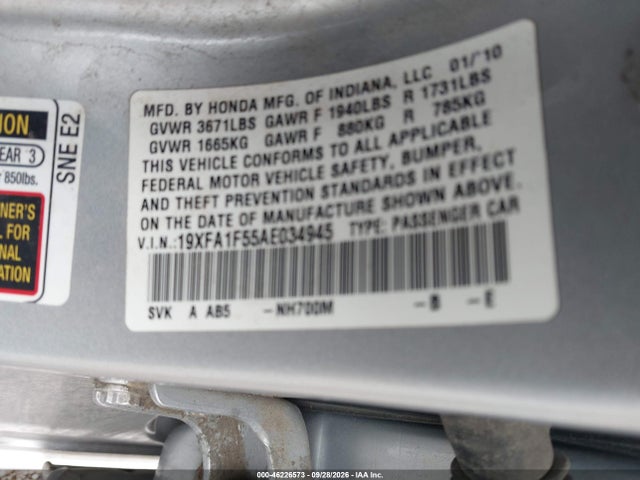 2010 Honda Civic Lx მანქანა იყიდება აუქციონზე, vin: 19XFA1F55AE034945, აუქციონის ნომერი: 46226573
