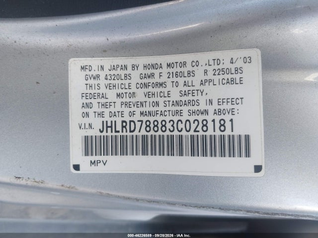 46226589 :رقم المزاد ، JHLRD78883C028181 vin ، 2003 Honda Cr-v Ex مزاد بيع