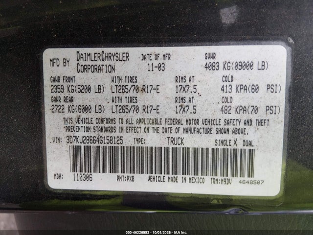 46226593 :رقم المزاد ، 3D7KU28664G158125 vin ، 2004 Dodge Ram 2500 St/slt مزاد بيع