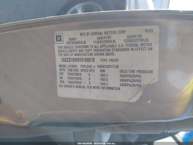 46226595 :رقم المزاد ، 1GCCS19W9Y8166518 vin ، 2000 Chevrolet S-10 Ls مزاد بيع