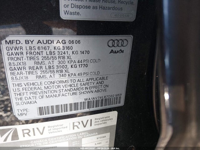 Aukcja sprzedaży 2007 Audi Q7 4.2, vin: WA1AV74L67D021659, numer aukcji: 46226597