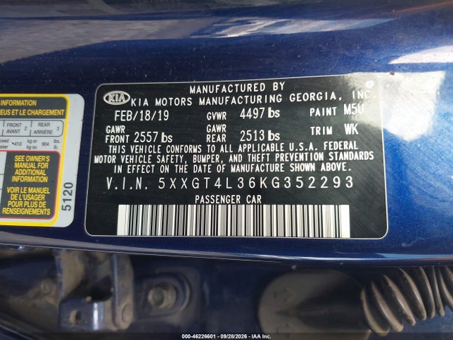 2019 Kia Optima Lx მანქანა იყიდება აუქციონზე, vin: 5XXGT4L36KG352293, აუქციონის ნომერი: 46226601
