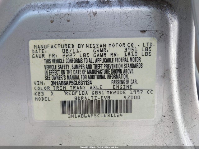 Продаж на аукціоні авто 2012 Nissan Sentra 2.0 Sr, vin: 3N1AB6AP5CL631124, номер лоту: 46226608