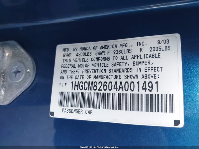46226614 :رقم المزاد ، 1HGCM82604A001491 vin ، 2004 Honda Accord 3.0 Ex مزاد بيع