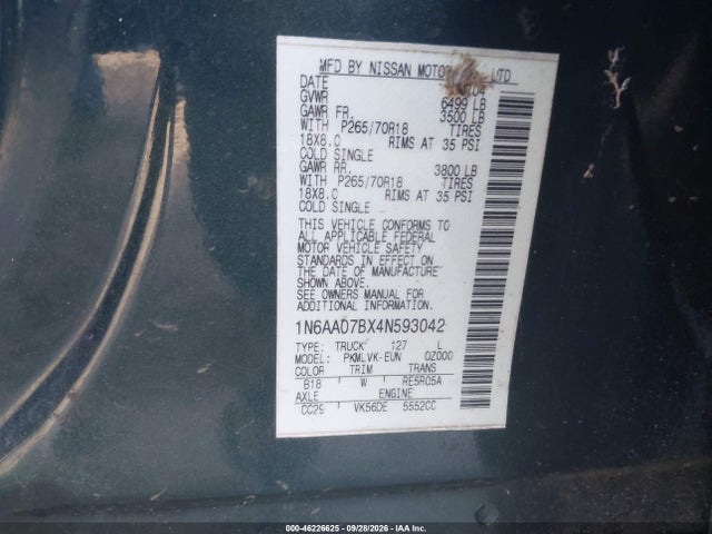 Продажа на аукционе авто 2004 Nissan Titan Le, vin: 1N6AA07BX4N593042, номер лота: 46226625