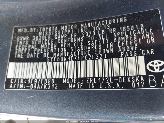 Aukcja sprzedaży 2014 Toyota Corolla S Plus, vin: 5YFBURHEXEP028323, numer aukcji: 46226633