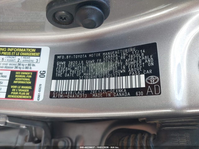 46226637 :رقم المزاد ، 2T1BURHE1FC305121 vin ، 2015 Toyota Corolla Le Premium مزاد بيع