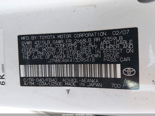 Aukcja sprzedaży 2007 Toyota Camry Ce, vin: JTNBE46K473095418, numer aukcji: 46226642