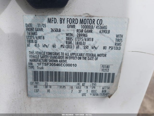 2006 Ford F-350 Xl/xlt მანქანა იყიდება აუქციონზე, vin: 1FTSF30546EC00010, აუქციონის ნომერი: 46226648
